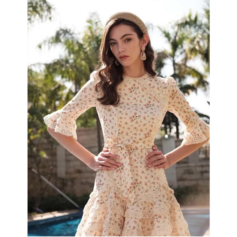 Ditsy Floral Flutter Ruffle Lace Trim Mini Dress